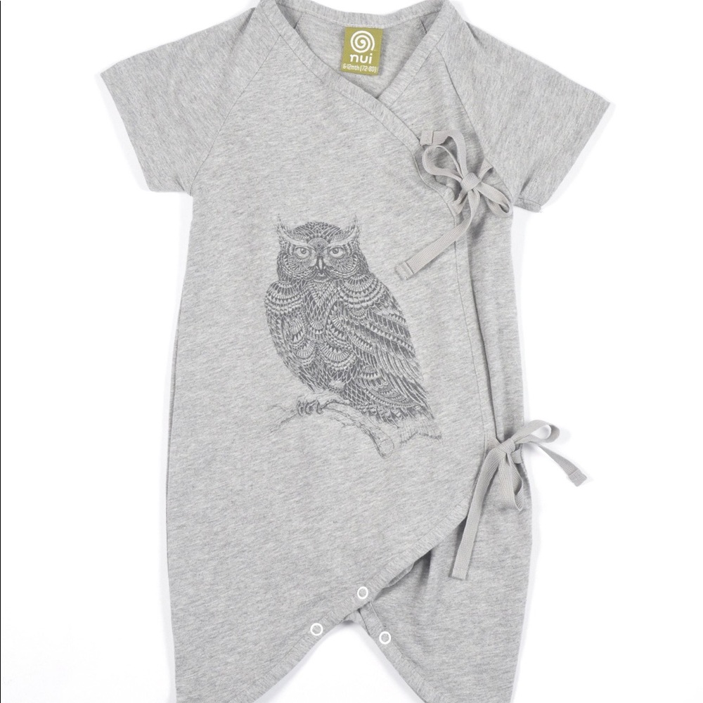 Nui Organics Owl print grey Hadagi gown (romper)